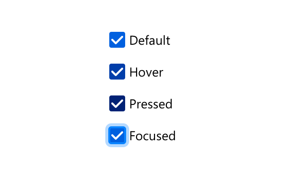 Illustration of all appearances a checked Checkbox can show when interacted with.